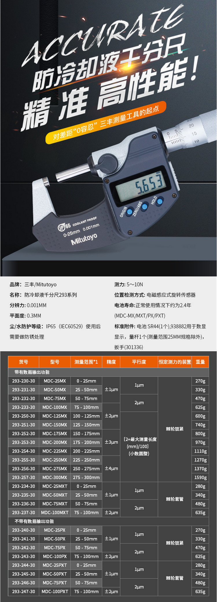 三丰Mititoyo防冷却液数显千分尺293-245-30